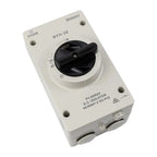 Beny BYH-32 DC isolator switch with black lever handle marked ON and OFF positions, mounted on white enclosure with IP65NW ra