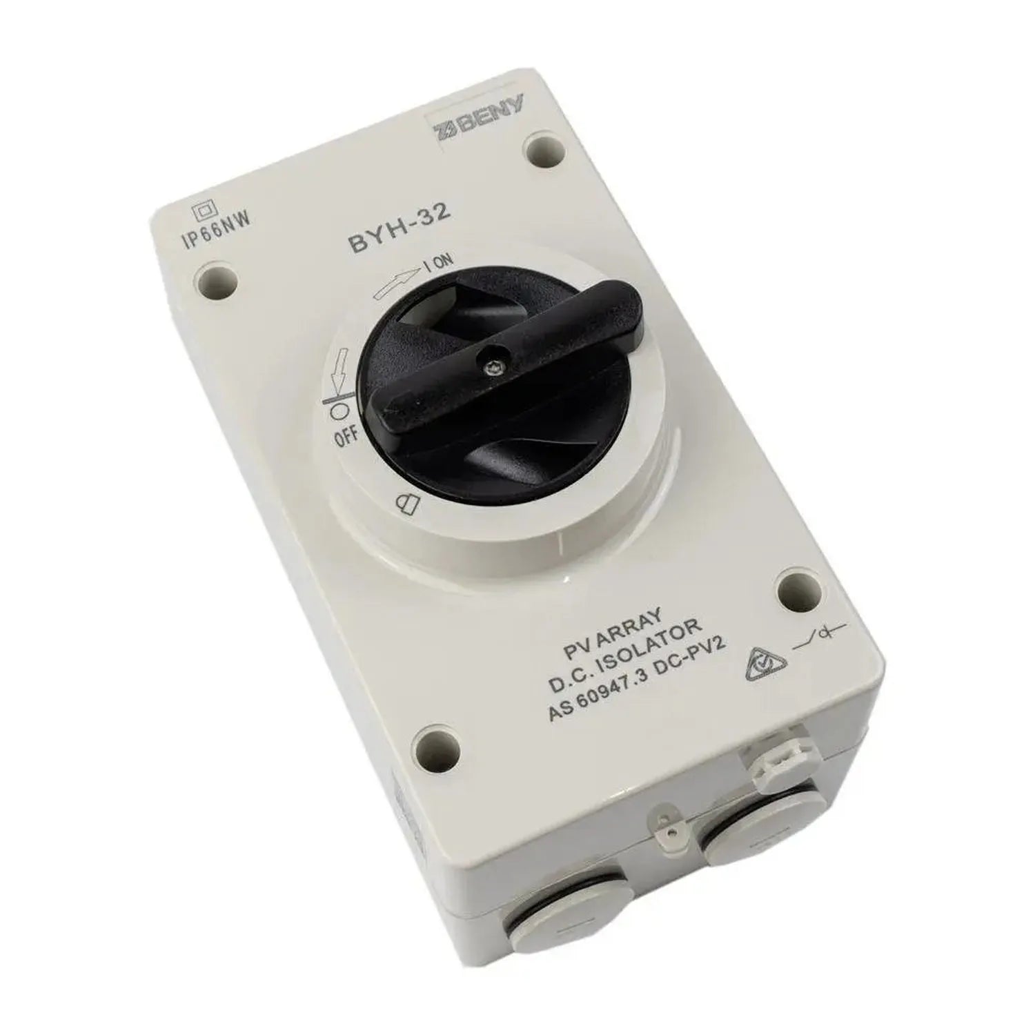 Beny BYH-32 DC isolator switch with black lever handle marked ON and OFF positions, mounted on white enclosure with IP65NW ra