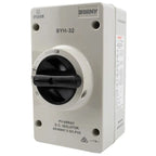 Beny BYH-32 DC isolator switch, white enclosure with black rotary handle, IP66 rated, front product view.