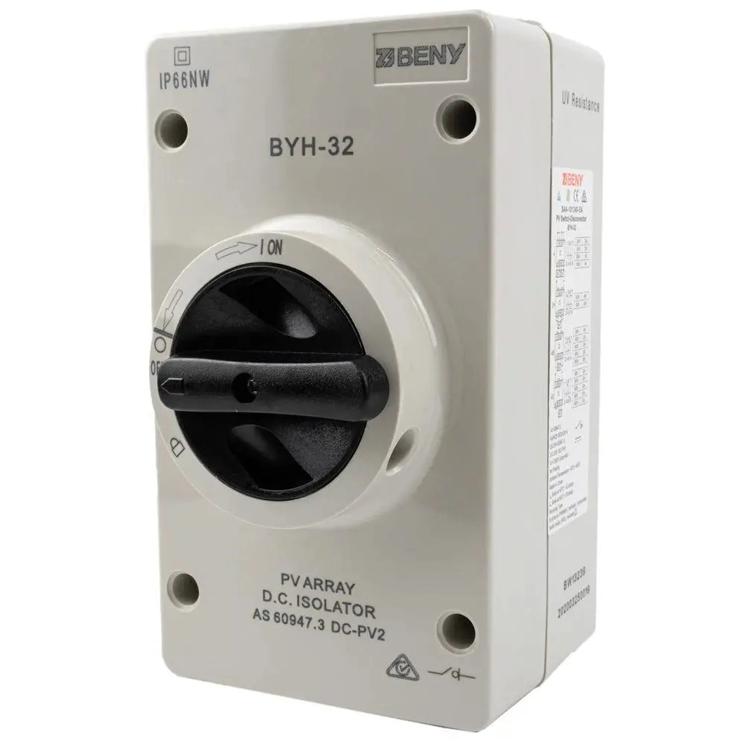 Beny BYH-32 DC isolator switch, white enclosure with black rotary handle, IP66 rated, front product view.