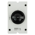 BENY 2-pole isolator switch, 25A rated, mounted on white plate with black rotary handle and LON/OFF markings.