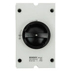BENY 2-pole isolator switch, 25A rated, mounted on white plate with black rotary handle and LON/OFF markings.