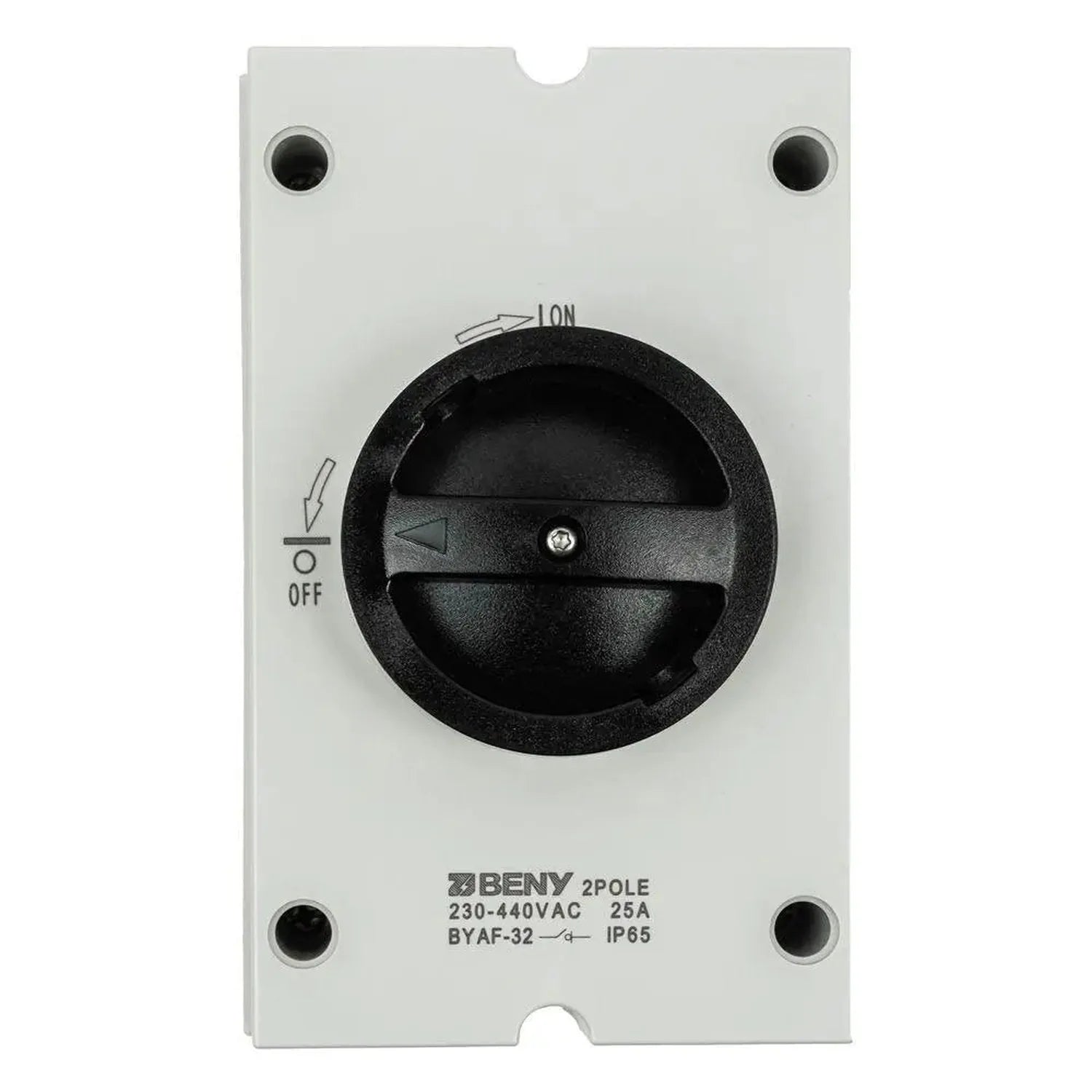 BENY 2-pole isolator switch, 25A rated, mounted on white plate with black rotary handle and LON/OFF markings.