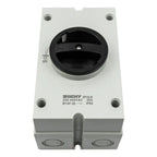 BENY 2-pole AC isolator switch, 230-440VAC 25A rated, mounted in gray IP65 enclosure with black rotary handle.