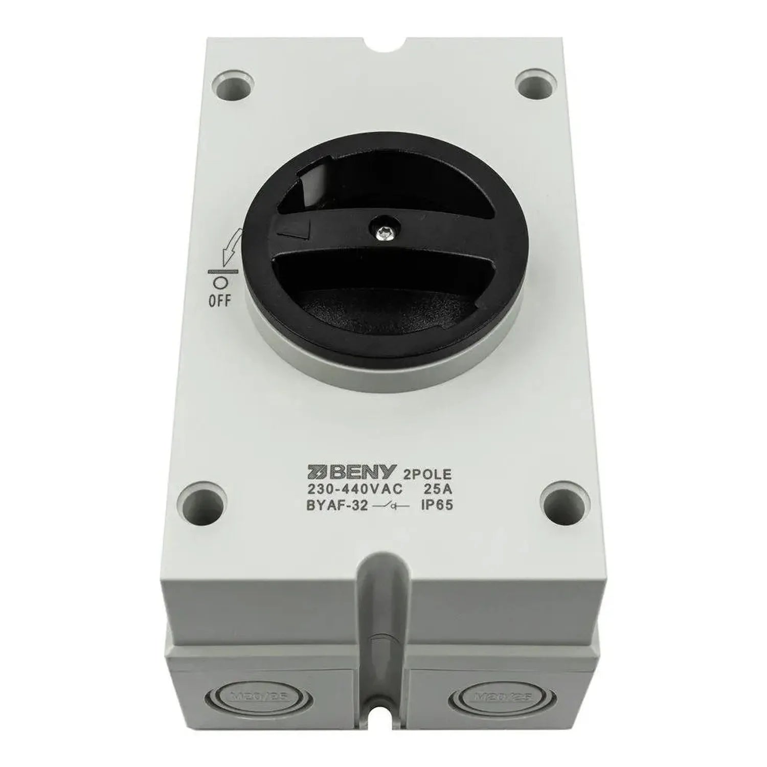 BENY 2-pole AC isolator switch, 230-440VAC 25A rated, mounted in gray IP65 enclosure with black rotary handle.