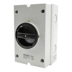 White enclosed AC isolator switch with black rotary dial, rated 230-440VAC 25A, 2 pole, IP65 rated.