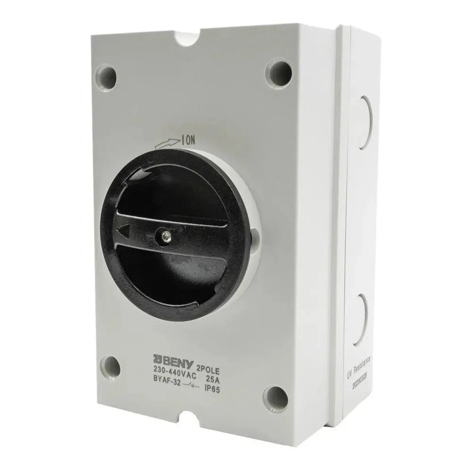 White enclosed AC isolator switch with black rotary dial, rated 230-440VAC 25A, 2 pole, IP65 rated.