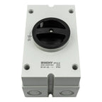 BENY 2-pole AC isolator switch, 230-440VAC 25A, IP65 rated, mounted in grey enclosure with black rotary handle.