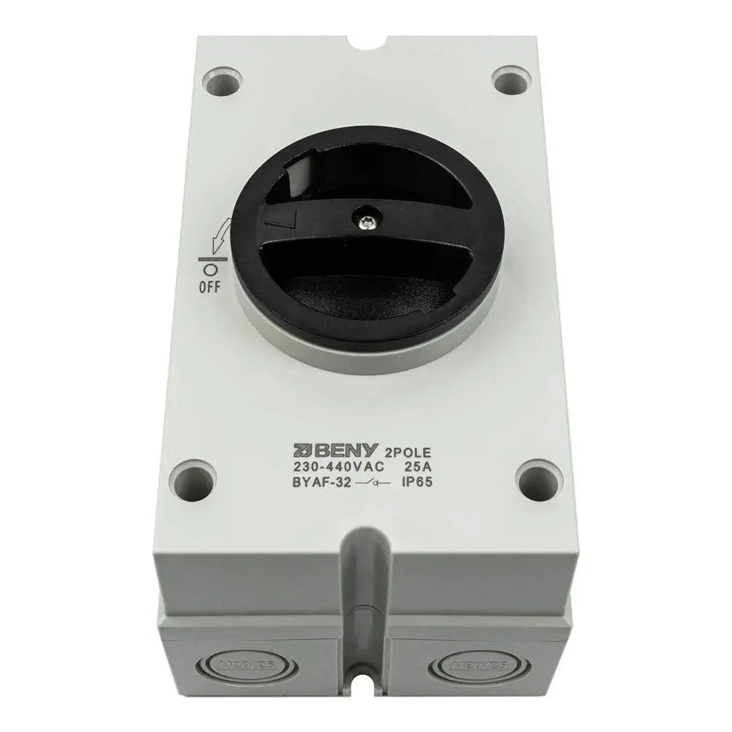 BENY 2-pole AC isolator switch, 230-440VAC 25A, IP65 rated, mounted in grey enclosure with black rotary handle.