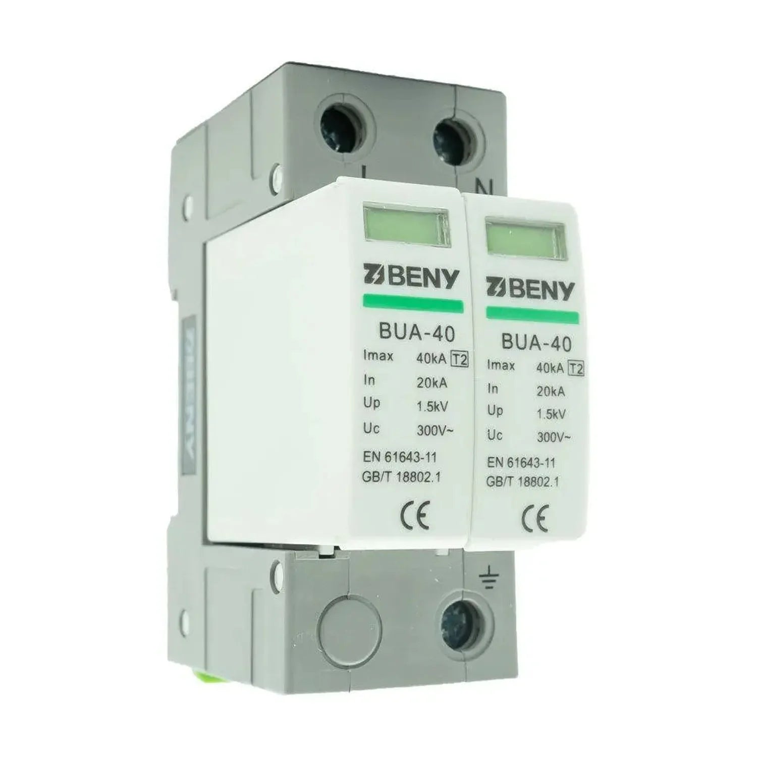 BENY BUA-40 surge protection device with dual modules mounted on DIN rail, showing specifications and CE marking.