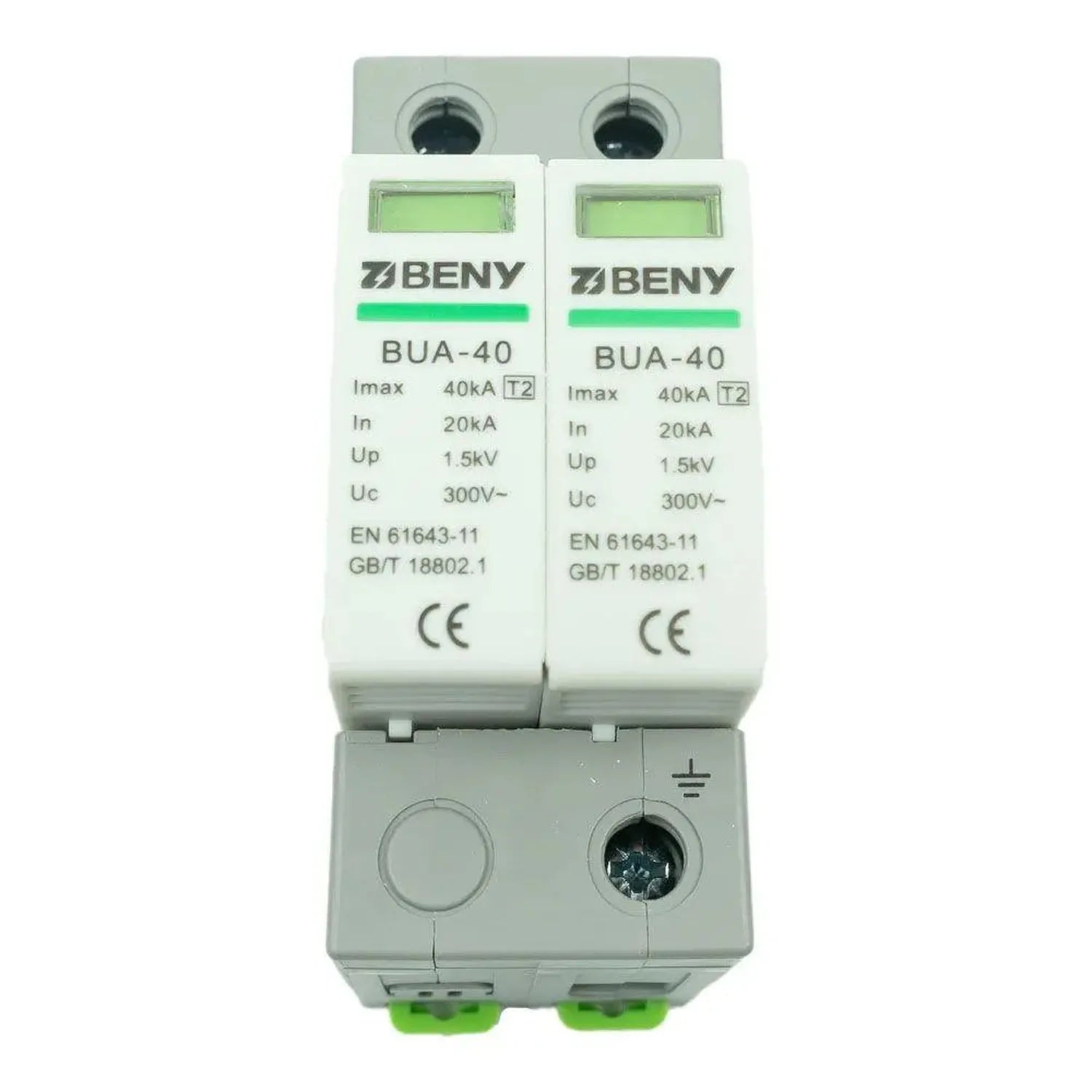 BENY BUA-40 dual-module surge protection device with green indicator lights and terminal connections, front view.