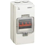 BENY IP66 rated electrical enclosure with clear window showing red and black circuit breaker switches inside, mounted on whit