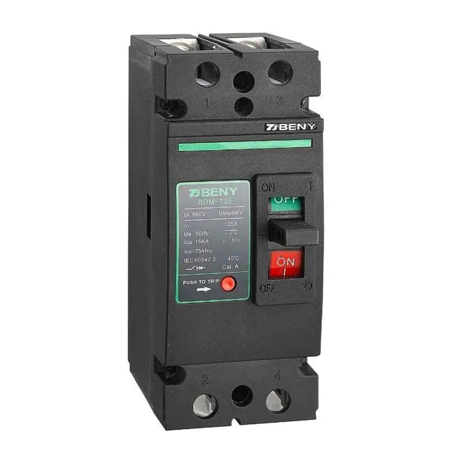 BENY BDM-125 DC circuit breaker with red ON and black OFF toggle switches and red push-to-trip button on front panel.
