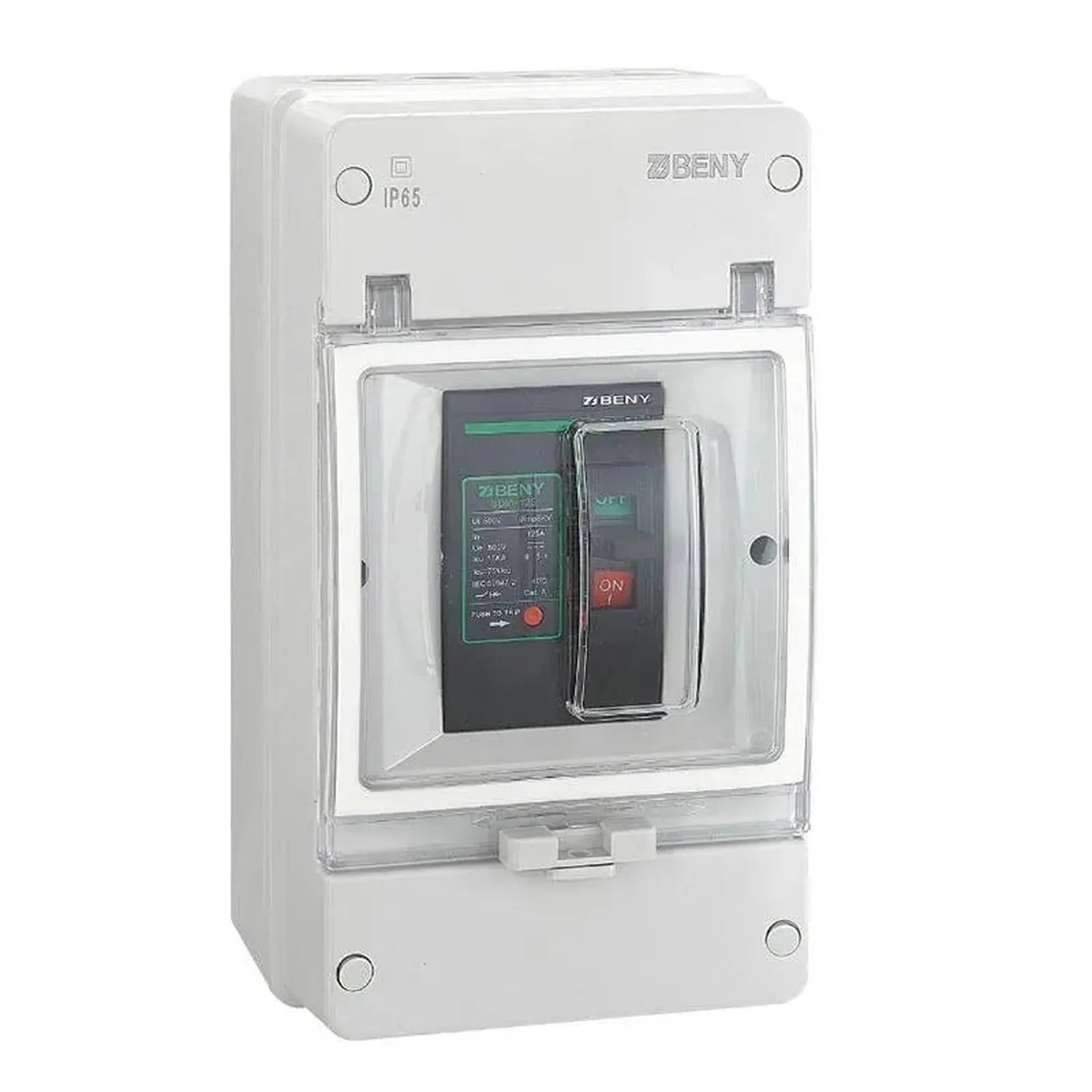 ZBENY DC circuit breaker in white IP65 rated enclosure with black control module and red ON button visible through clear prot