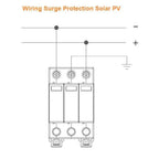 Wiring diagram for three-pole DC surge protector with negative and positive terminal connections for solar PV systems.
