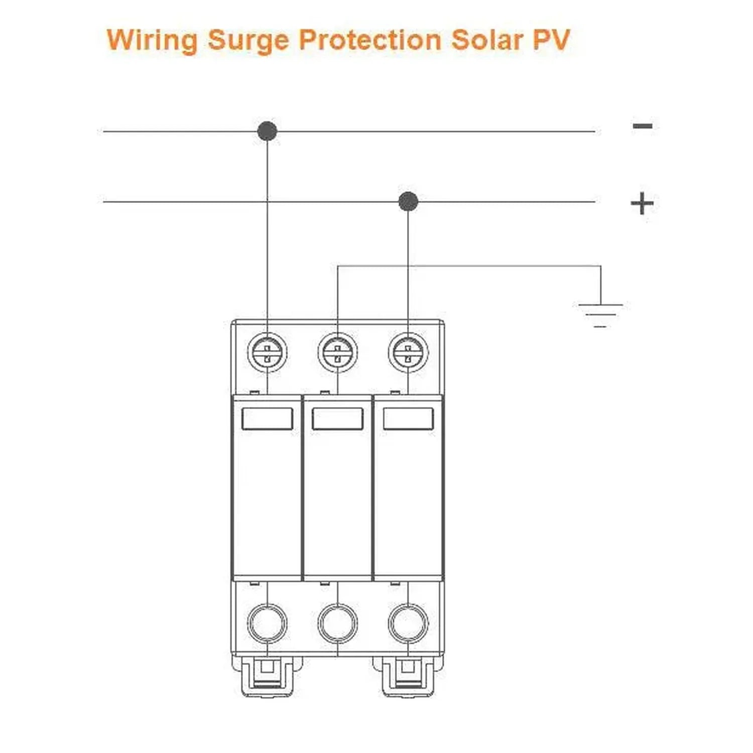 Wiring diagram for three-pole DC surge protector with negative and positive terminal connections for solar PV systems.