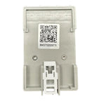 Back view of DC surge protection device showing QR code label, serial number BW03770220250116, two mounting screws, and white
