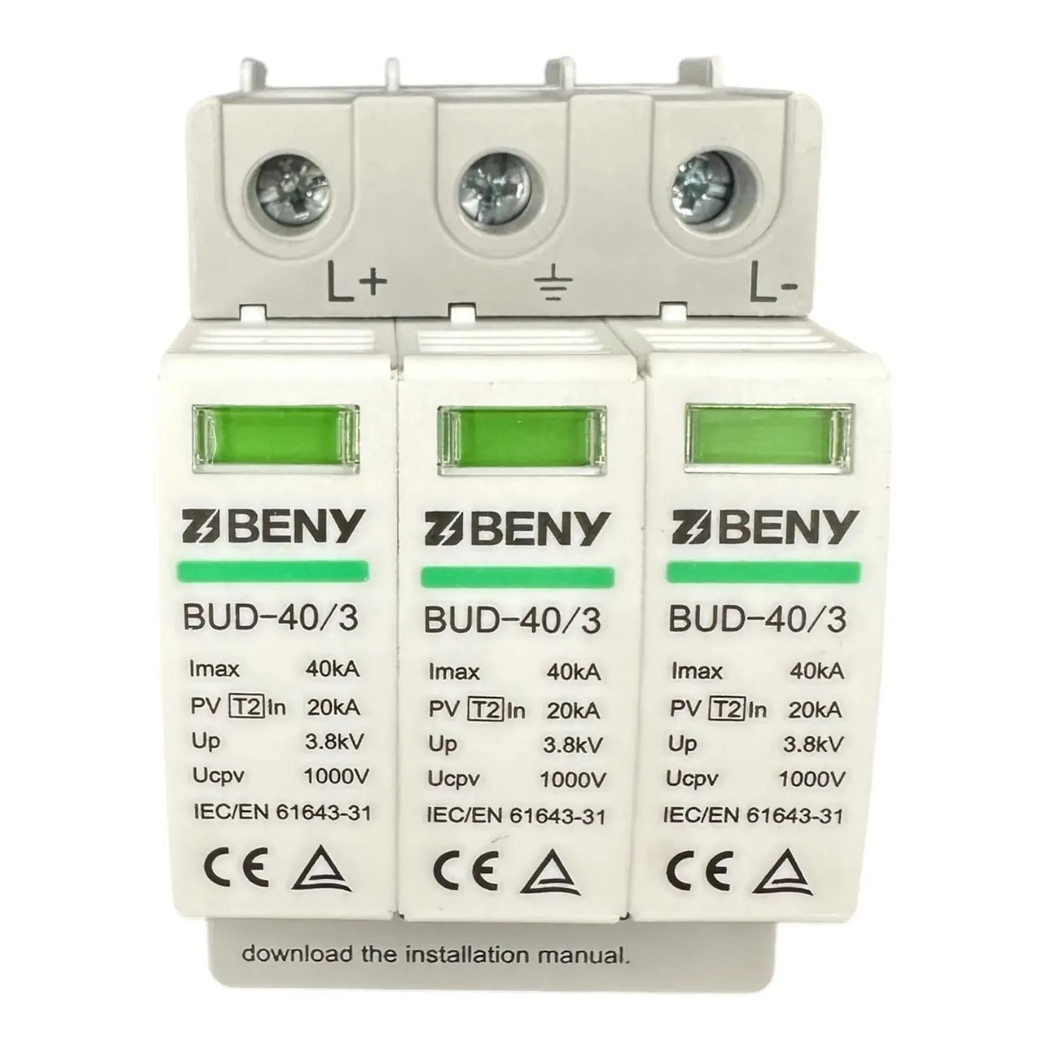 Three-module BENY BUD-40/3 DC surge protector with green indicator windows and screw terminal connectors labeled L+, neutral,