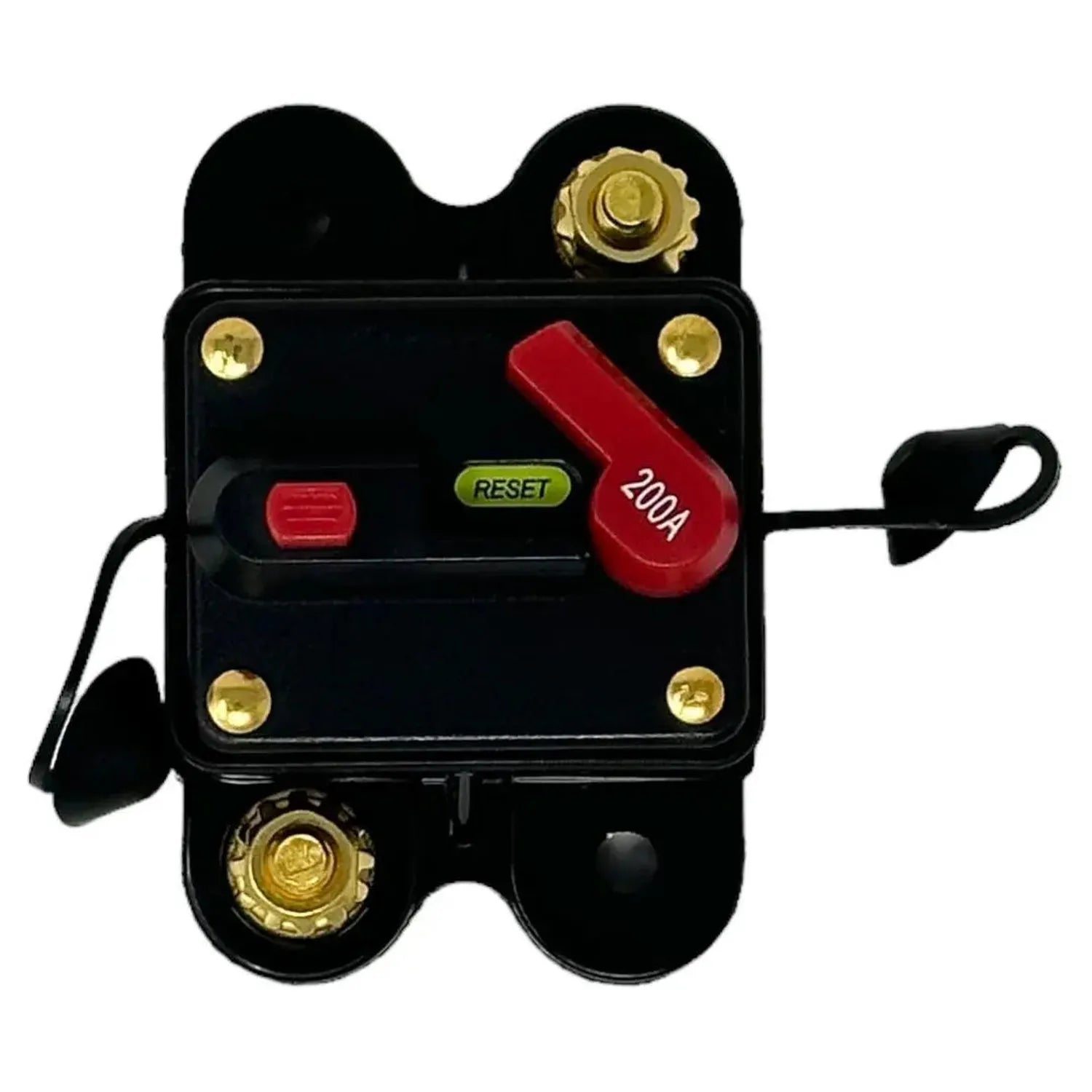 Black waterproof circuit breaker with red 200A manual reset lever, gold terminals, and reset button, shown as product unit.
