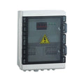 White and black electrical combiner box with yellow high-voltage warning symbol, digital display, and multiple circuit breake