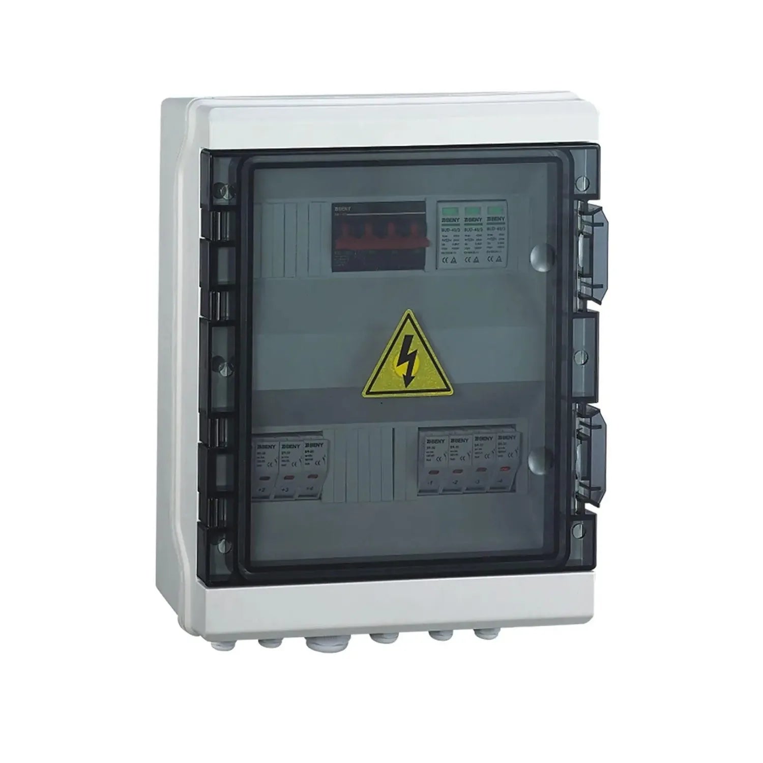 White and black electrical combiner box with yellow high-voltage warning symbol, digital display, and multiple circuit breake