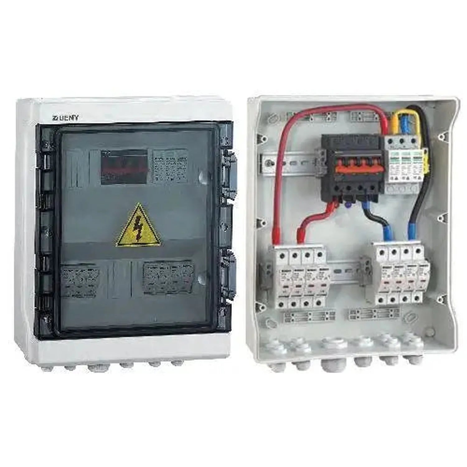 Zuemy solar PV DC combiner box shown closed and open, displaying internal circuit breakers, fuses, and wiring configuration.