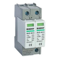 BENY BUD-40/2 dual-channel DC surge protector device with green status displays and terminal connections, mounted on DIN rail