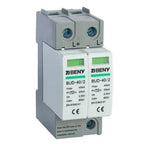 BENY BUD-40/2 dual-channel DC surge protector device with green status displays and terminal connections, mounted on DIN rail