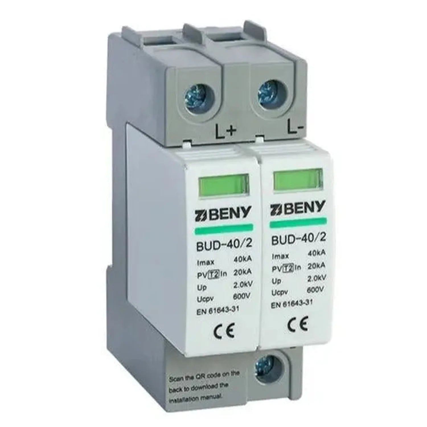 BENY BUD-40/2 dual-channel DC surge protector device with green status displays and terminal connections, mounted on DIN rail