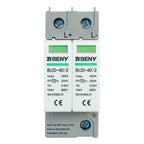 BENY BUD-40/2 dual-pole surge protection device with terminal blocks and green status indicators, mounted on DIN rail.