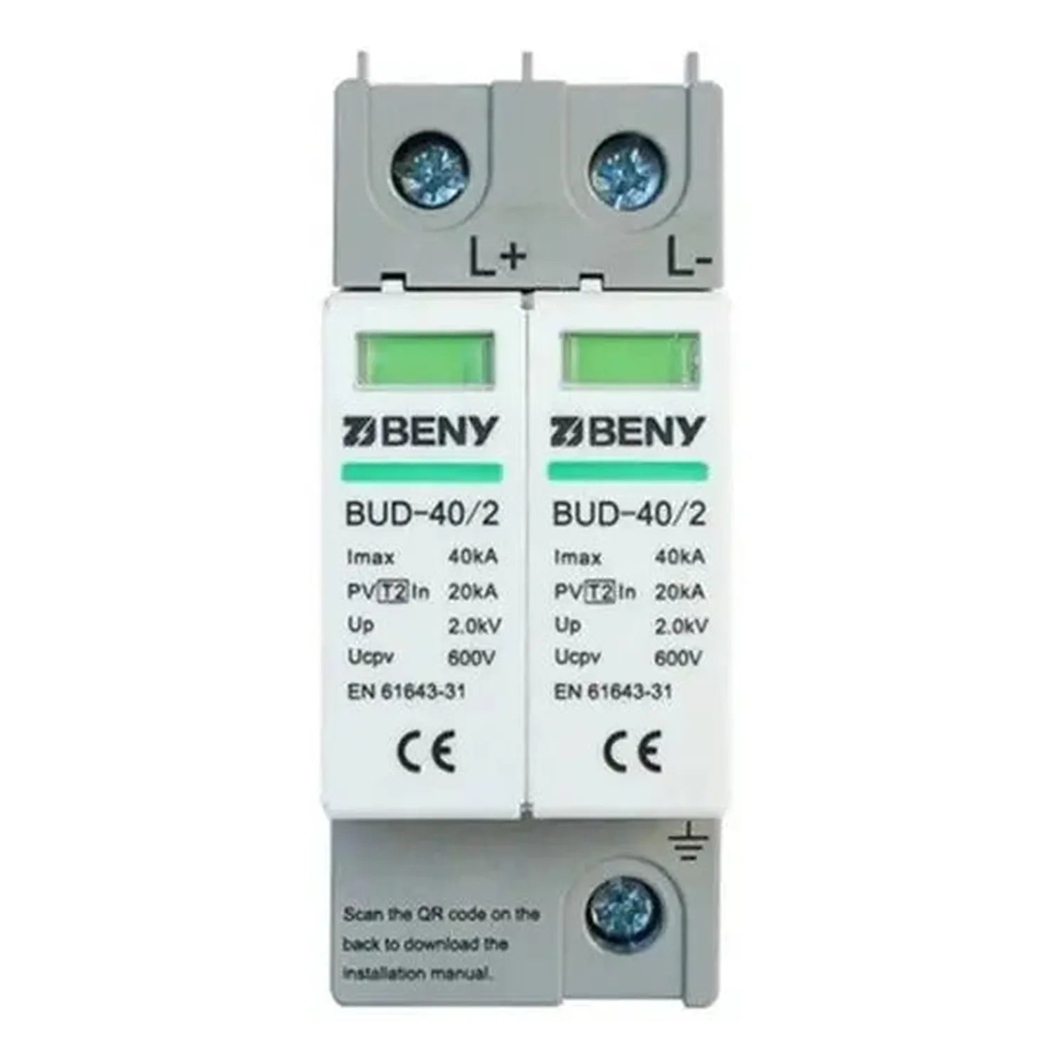 BENY BUD-40/2 dual-pole surge protection device with terminal blocks and green status indicators, mounted on DIN rail.