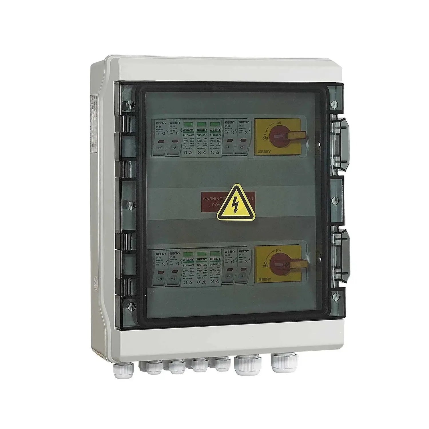 PV DC combiner box with weatherproof white enclosure, displaying dual disconnect switches and multiple circuit breakers behin