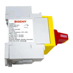 BENY DC PV switch disconnector with yellow and red handle mounted on white DIN rail, specifications label visible.