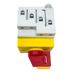 DC PV switch disconnector with white terminal block, yellow housing, and red manual disconnect lever on DIN rail mount.