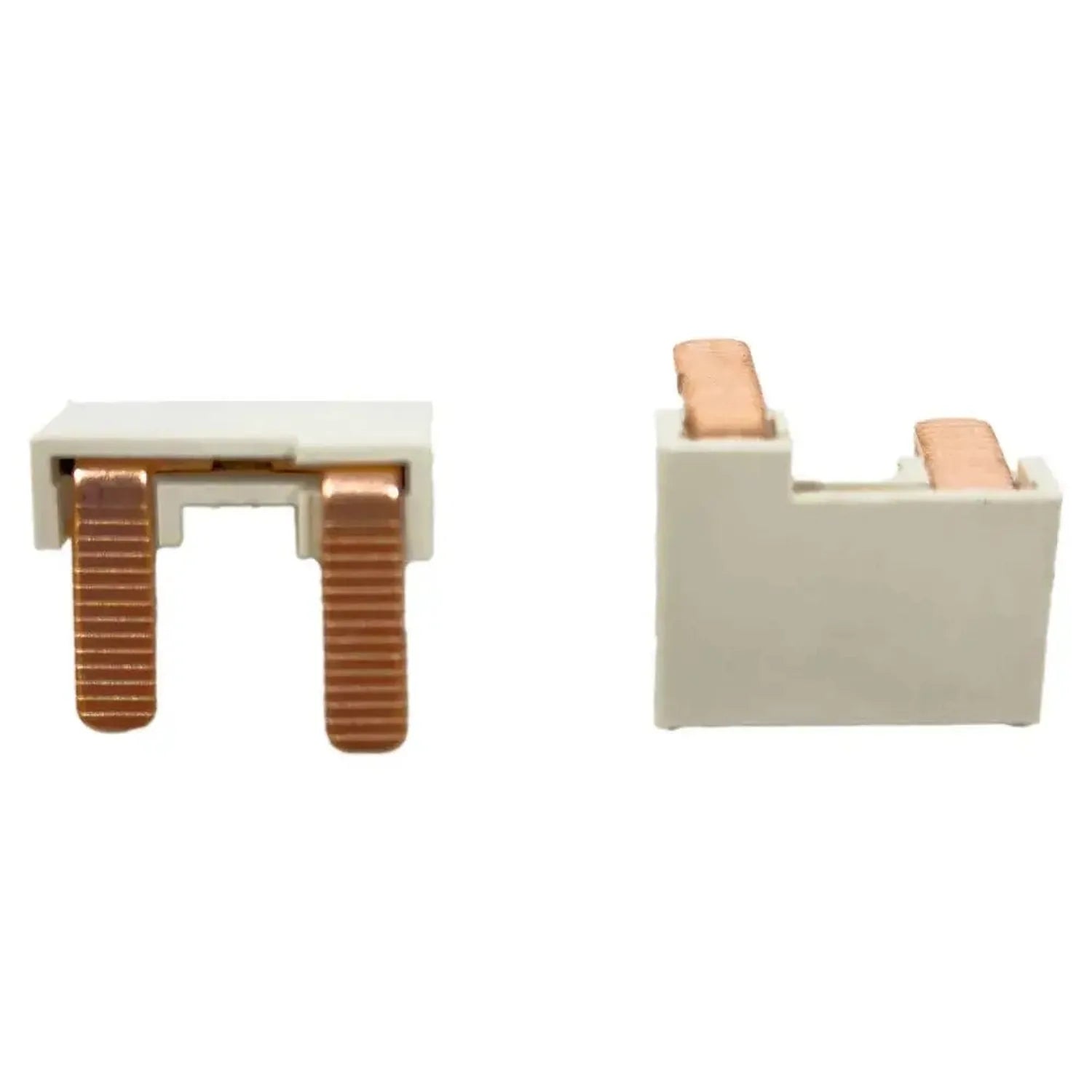 Two views of a cream-colored DC PV switch disconnector with copper bus bars and terminals, shown from front and side angles.