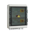 White and gray electrical enclosure with transparent door showing internal circuit breakers, safety switches, and yellow warn