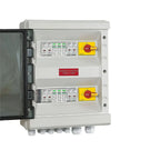 Photovoltaic DC combiner box with four input terminals on top row and two on bottom row, dual yellow isolation switches, red 