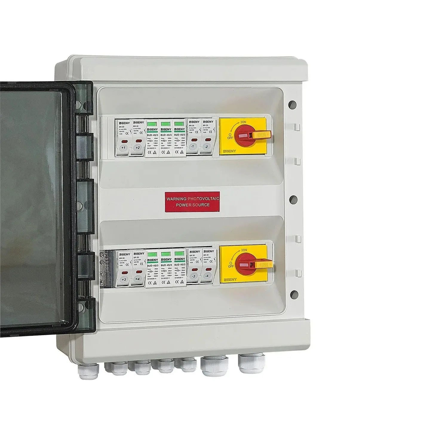 Photovoltaic DC combiner box with four input terminals on top row and two on bottom row, dual yellow isolation switches, red 