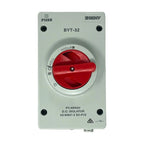 BENY BYT-32 DC isolator switch with red handle in ON position, mounted on light gray weatherproof enclosure.