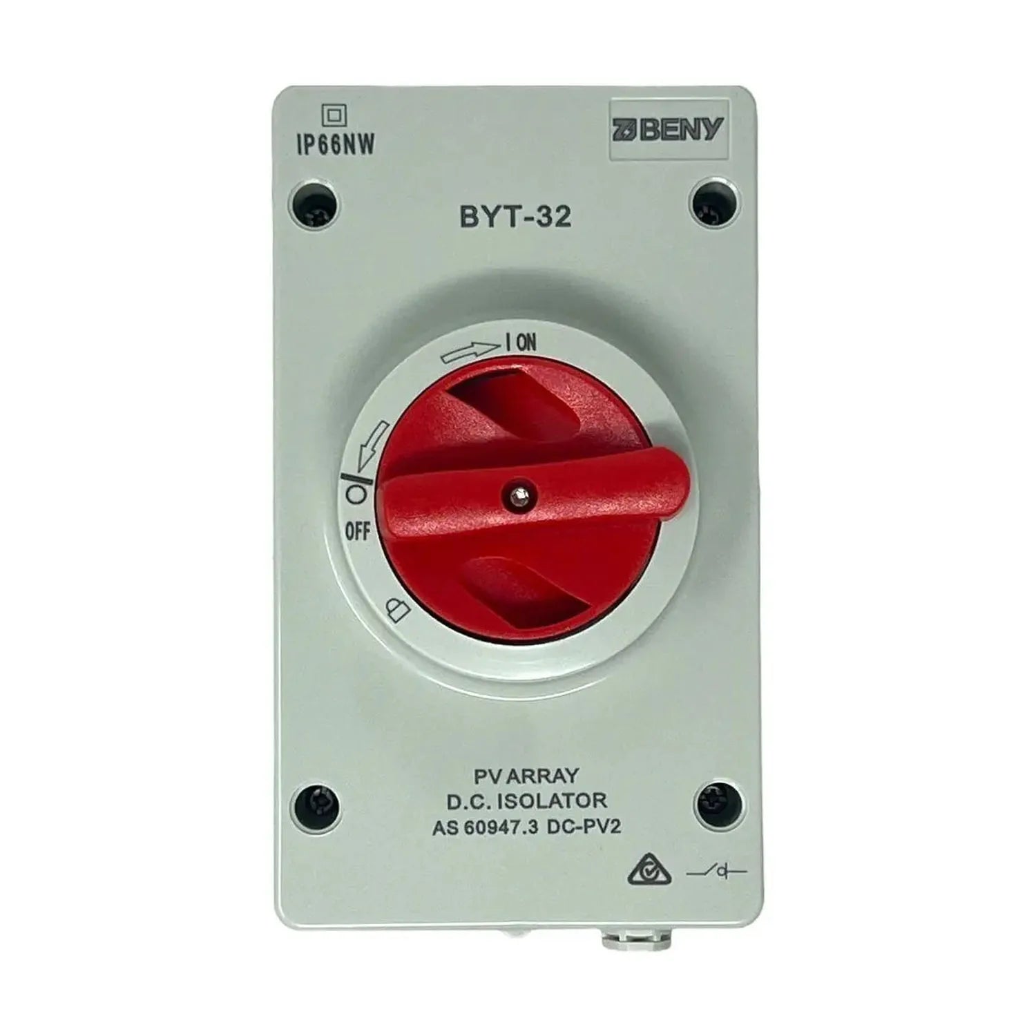 BENY BYT-32 DC isolator switch with red handle in ON position, mounted on light gray weatherproof enclosure.