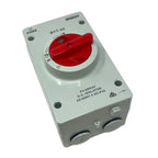BBENV BYT-32 DC isolator switch with red handle and ON/OFF markings, mounted on white enclosure with cable entries.