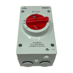 BENY BYT-32 DC isolator switch with red lever handle, IP66 rated, mounted on gray enclosure for PV array applications.