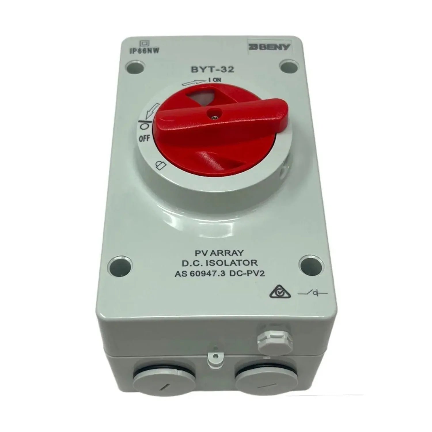 BENY BYT-32 DC isolator switch with red lever handle, IP66 rated, mounted on gray enclosure for PV array applications.