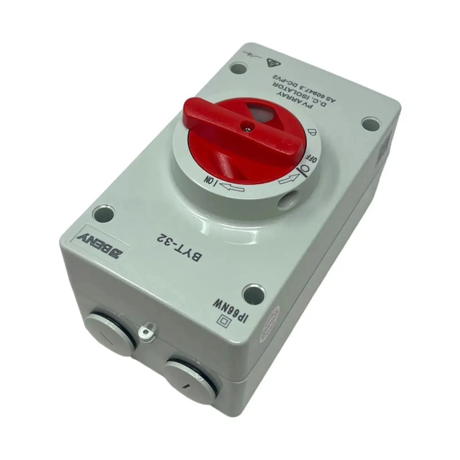 Red and white DC isolator switch with 32A rating mounted on gray weatherproof enclosure box.