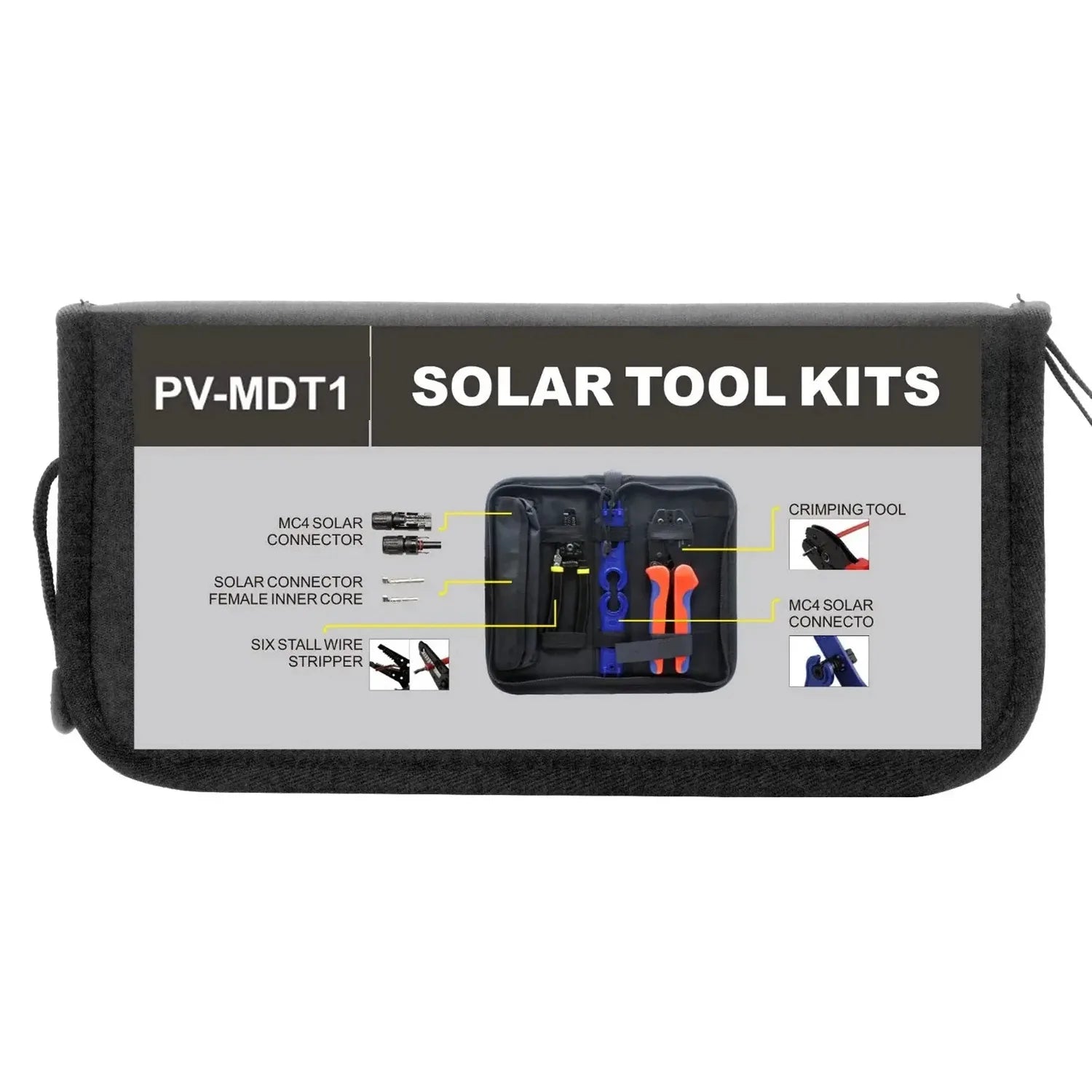 PV-MDT1 solar tool kit case with MC4 connectors, crimping tool, wire stripper, and spanners displayed inside.