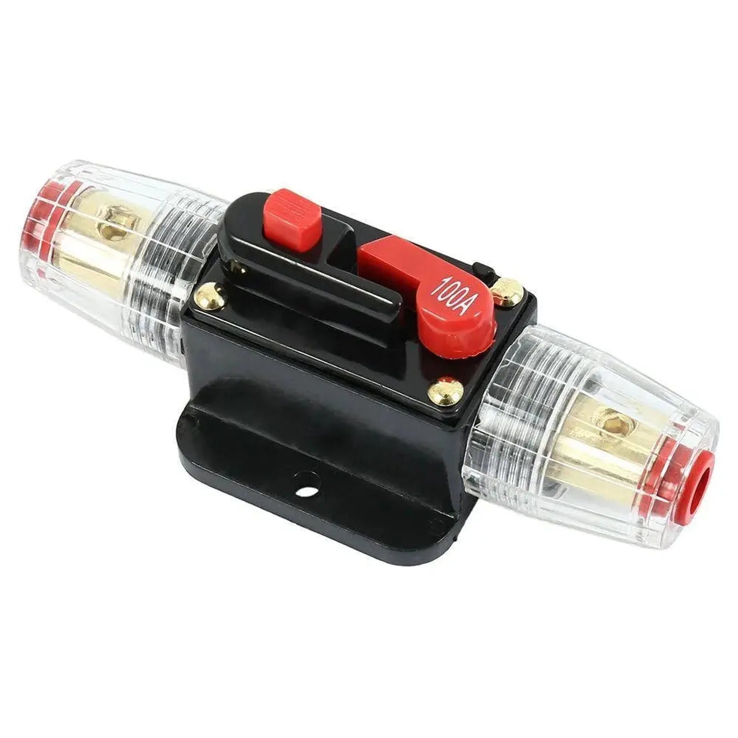 100-Amp inline circuit breaker with red manual reset switch and clear terminal housings on black base.