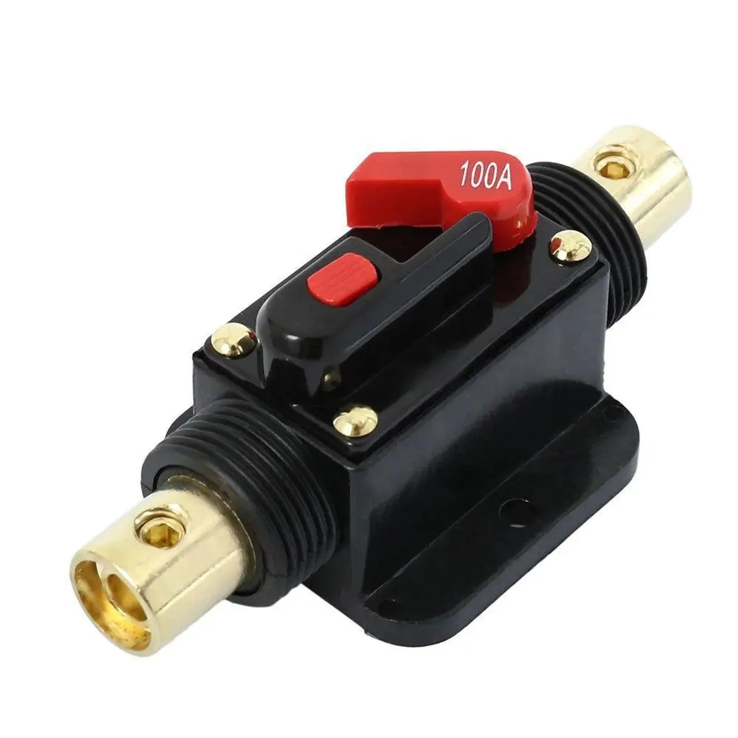 100A inline DC circuit breaker with red manual reset switch, gold connectors, and black housing, product shot on white backgr