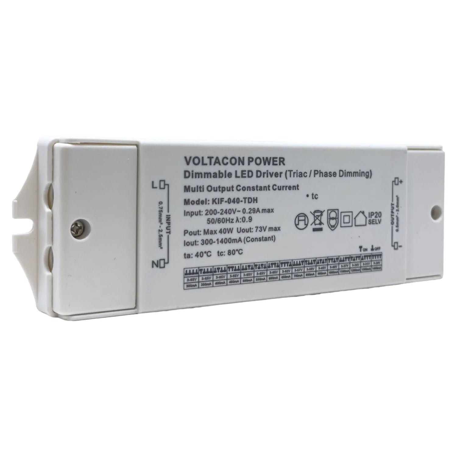 Voltacon Power dimmable LED driver model KJF-040-TDH with specifications label and terminal connections visible.