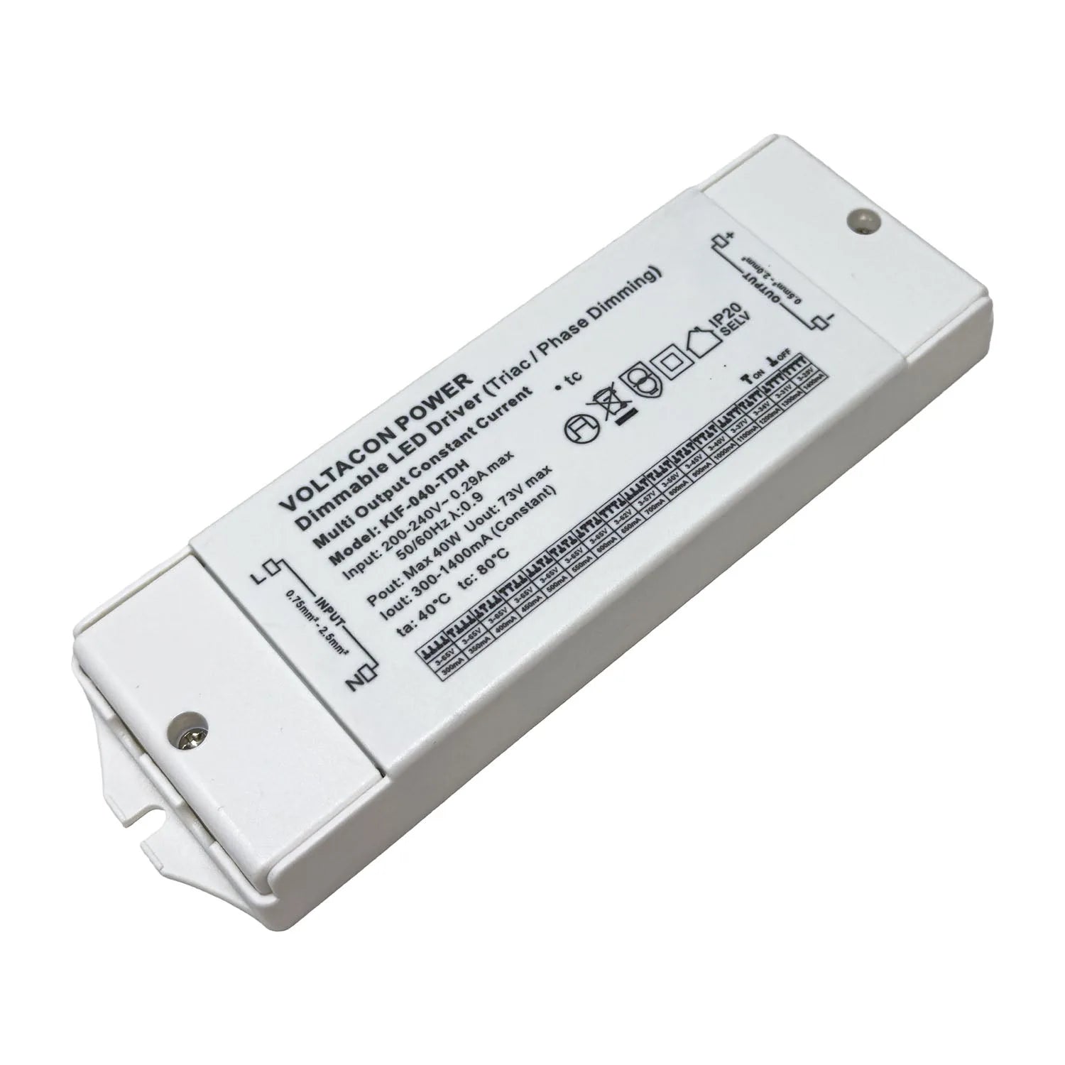 White rectangular LED driver unit with printed specifications label, mounting bracket visible underneath.