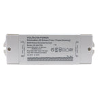 Voltacon Power dimmable LED driver unit showing specifications, input/output terminals, and voltage settings chart on white b